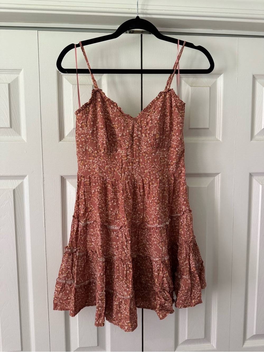 Floral Tiered Spaghetti Strap Dress - Rust Pink Mauve